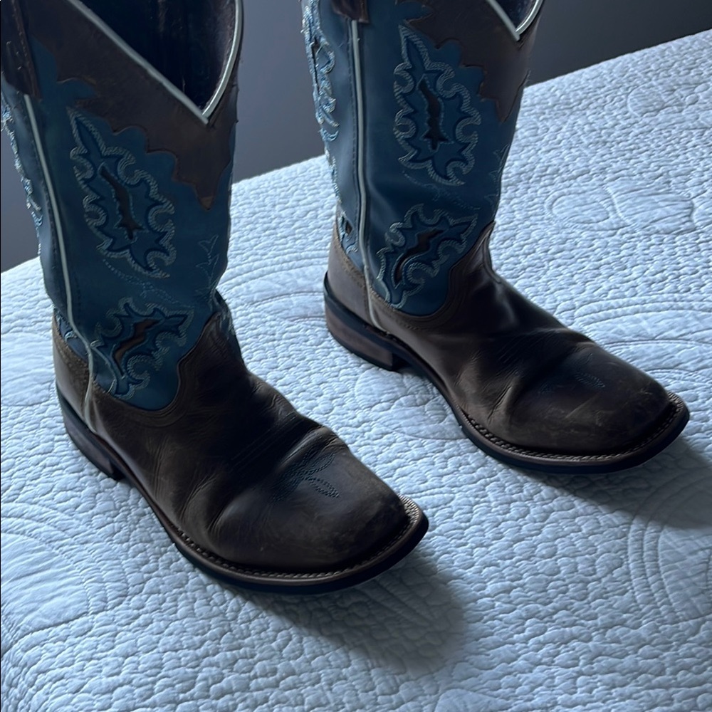 Laredo Brown and Blue Cowboy Boots with Decorative Stitching